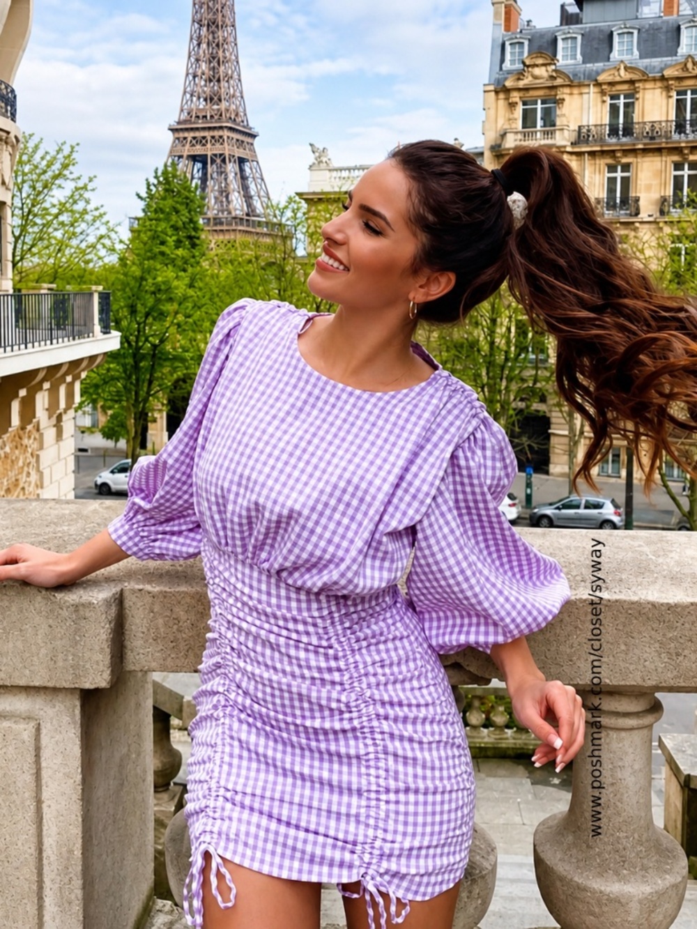Zara Purple Gingham Puff-Sleeve Ruched Front Tie Mini Dress